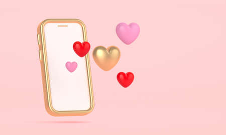 Mobile phone with hearts on a pink background. 3D illustration.
