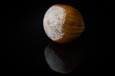 hazelnut reflected on black glassの写真素材