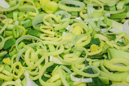 Close up of sliced green leekの写真素材