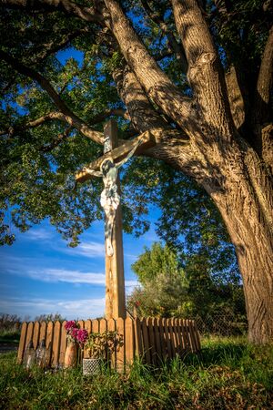 cross with Jesus under the old lime treeの写真素材