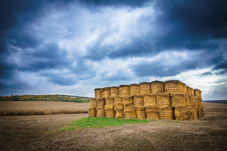 Autumn stack of straw with cloudsの写真素材