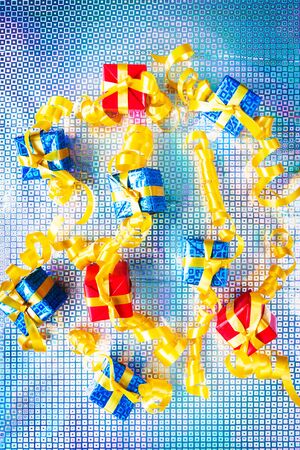 blue gift with yellow ribbonの写真素材