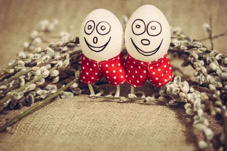 happy easter eggs with backgrounds catkinsの写真素材