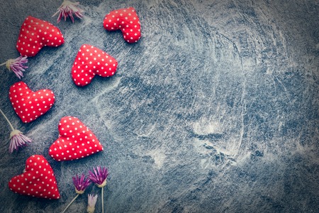 red valentine hearts on wooden backgroundの写真素材