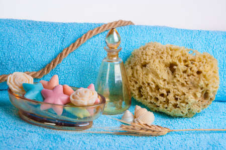 composition of toiletries, shells, soaps, spongesの写真素材