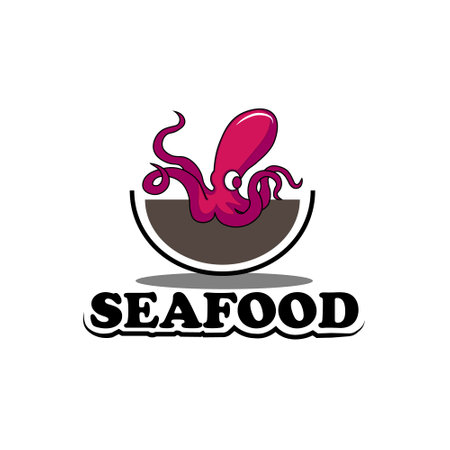 red octopus cuttlefish with tentacle in bowl silhouette for retro vintage cartoon mascot seafood restaurant logo design vectorのイラスト素材
