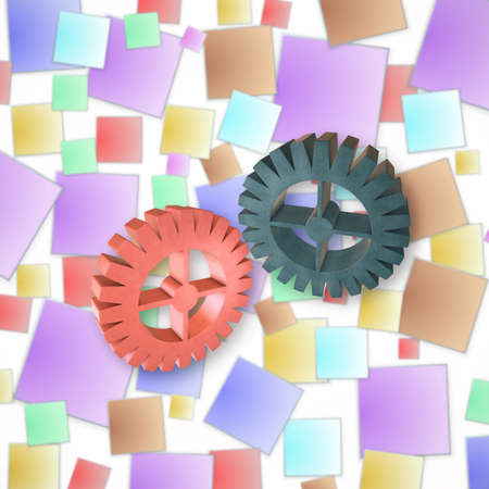 Plastic set of gears on color background. 3D illustration.の写真素材