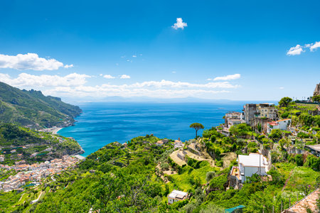 Amalfi Coast, Italy. May 27th, 2020. Breathtaking view from the Amalfi Coast road on Minori (on the left) and the hill of Ravello (on the right).のeditorial素材