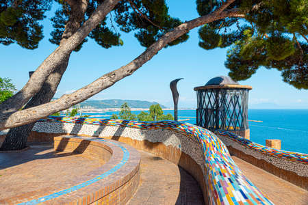 Vietri sul Mare, Italy. July 8th, 2020. Park of the Villa Comunale. Beautiful park that slopes down to the sea with handrails decorated with majolica tiles.のeditorial素材