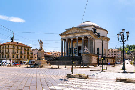 Turin, Italy. May 12th, 2021. Facade of Gran Madre di Dio Church seen from Corso Casale.のeditorial素材
