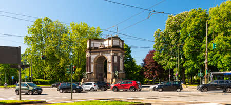 Turin, Italy, May 12th, 2021. View of the monumental Arch of the Artillery in Corso Vittorio Emanuele II, north entrance of the Valentino Park.のeditorial素材