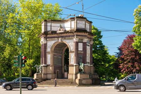 Turin, Italy, May 12th, 2021. View of the monumental Arch of the Artillery in Corso Vittorio Emanuele II, north entrance of the Valentino Park.のeditorial素材