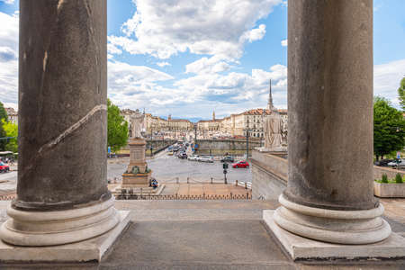 Turin, Italy. May 12, 2021. View, from the colonnade of the Gran Madre di Dio Church, on the car traffic on Corso Casale and the Vittorio Emanuele I Bridge.のeditorial素材
