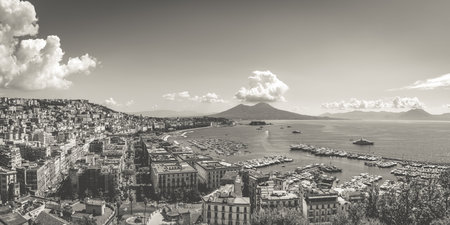 Naples, Italy. August 31, 2021. View of the Gulf of Naples from the Posillipo hill with Mount Vesuvius far in the background. Black and white image.のeditorial素材