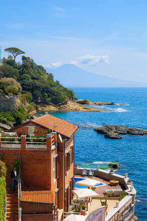 Naples, Italy. In Posillipo, seascape view from Marechiaro. In the background Mount Vesuvius. 2023-04-23.のeditorial素材