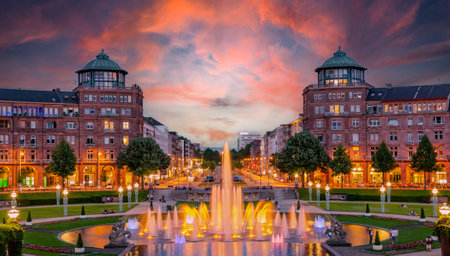 Mannheim, Germany. View on Friedrichsplatz at sunset with fountain creating splendid water and color effects. 2013-06-16.のeditorial素材