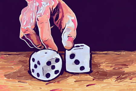 Close-up of a male hand taking two game dice on a wooden table. Concept of pushing your luck, randomness, combination, numbers, game, bet. Drawing image. Ai generated.の素材