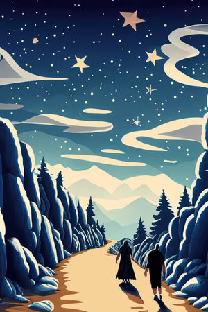 Two people, a man and a woman, are walking along a mountain path at night with a starry sky. Artistic drawing. Ai generated. Vertical image.の素材