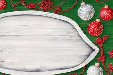 Winter and Christmas themed background with copy space, with old white painted wooden board, with fir branches, baubles and Christmas decorations.の素材