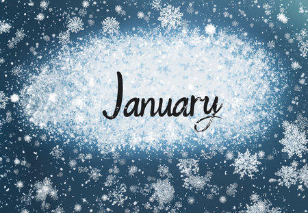 Winter themed background with January lettering, snowflakes and floating ice crystals.の素材