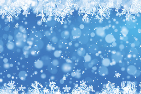 Winter themed background illustration with floating ice crystals and snowflakes.の素材