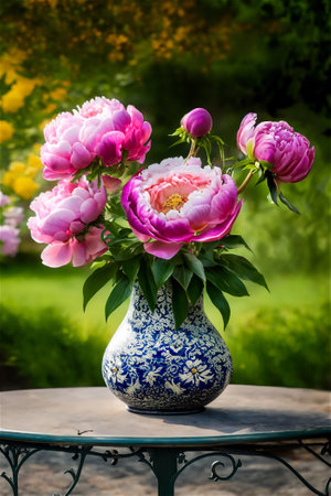 Composition of pink peonies in a glazed ceramic vase, on a shabby garden table on a blurred garden background.の素材