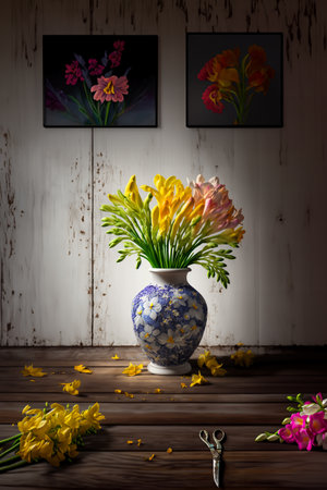 Composition of pink and yellow freesias in a glazed ceramic vase, on a shabby wooden table on a blurred shabby background. Vertical image.の素材