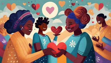 Charity illustration concept with abstract, different persons, hands and hearts. Friends hug each other touching a heart. Concept of diversity, inclusion and solidarity.の素材