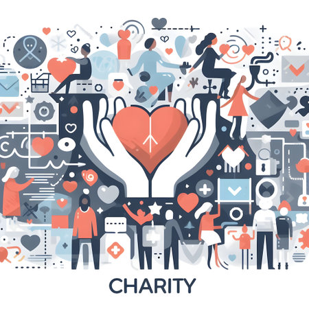 Hands holding a heart representing different people and volunteers. Concept of solidarity, volunteering, caring, supporting, helping, donating. Word 'Charity' on the bottom.の素材