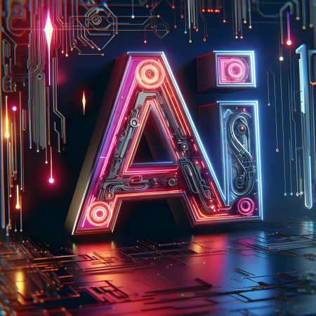 'AI' lettering in futuristic technological style with fuchsia and blue neon lights on a background of miniaturized circuits of advanced computer components.の素材