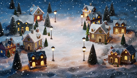 Miniature Christmas village at night with snowy houses, glowing street lamps and falling snow, winter background with copy space in center for festive greetings, cards and holiday.の素材