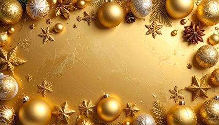 Top-down view of elegant gold Christmas background with baubles and stars framing copy space, perfect festive backdrop for greeting cards, invitations and New Year holiday designs.の素材