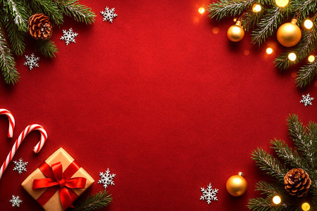 Top-down view of red Christmas background with gift box, candy canes, gold baubles, pine branches and snowflakes, festive copy space ideal for greeting cards, banners and online ads.の素材