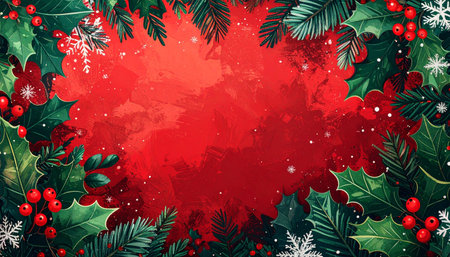 Top-down view of a red Christmas background framed by holly leaves, pine branches, berries and snowflakes, perfect festive backdrop with ample copy space Great for cards.の素材