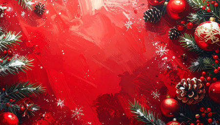 Top-down view of a festive red Christmas background with pine branches, baubles, berries and snowflakes, ideal for holiday greeting cards and seasonal banners and web ads.の素材