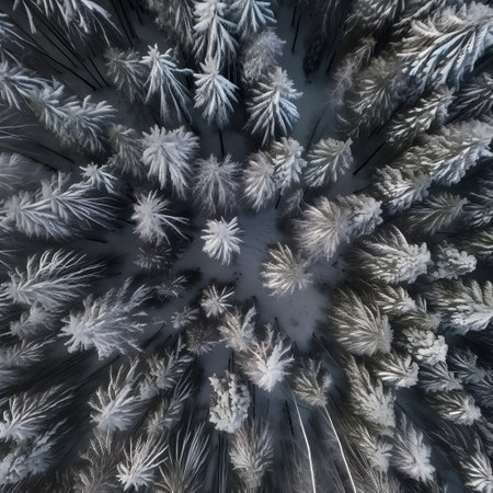 Frozen winter forest with snow covered trees. Top view. 3d renderingの素材