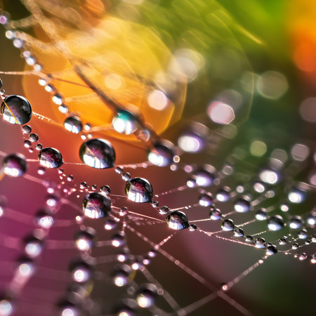 spider web with dew drops close up on colorful bokeh background, ai generatedの素材