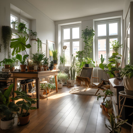 Interior of a cozy living room with plants, furniture and window, ai generatedの素材