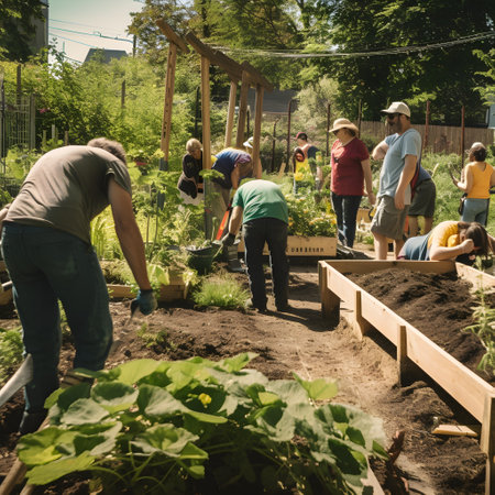 Group of diverse people working together in a community garden on a sunny day, ai generatedの素材