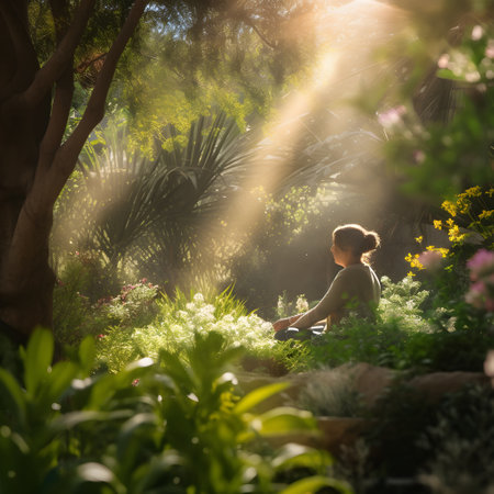 Woman sitting on the grass in the garden looking at the sun., ai generatedの素材