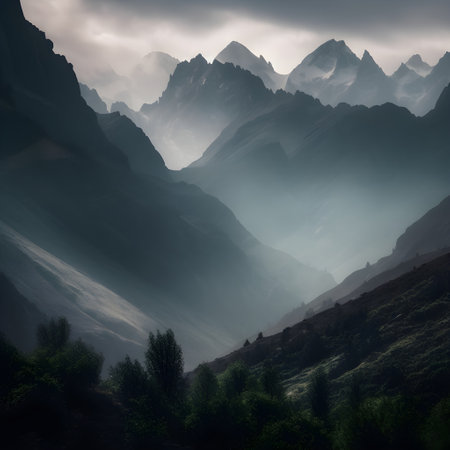 Foggy morning in the mountains. Dramatic and picturesque scene., ai generatedの素材