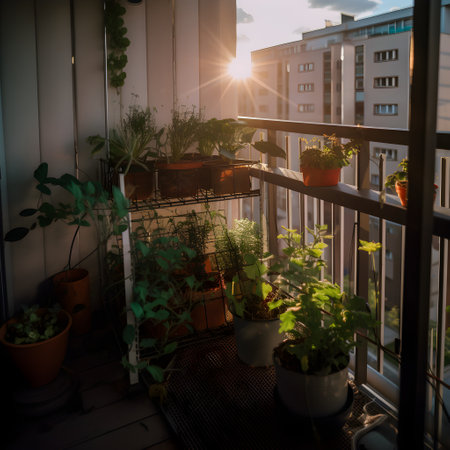 Sunset on the balcony with a lot of plants in pots., ai generatedの素材