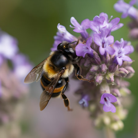 Bee on lavender flower, macro shot, shallow depth of field, ai generatedの素材