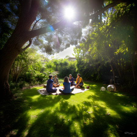 Group of people meditating in the park. Concept of healthy lifestyle., ai generatedの素材