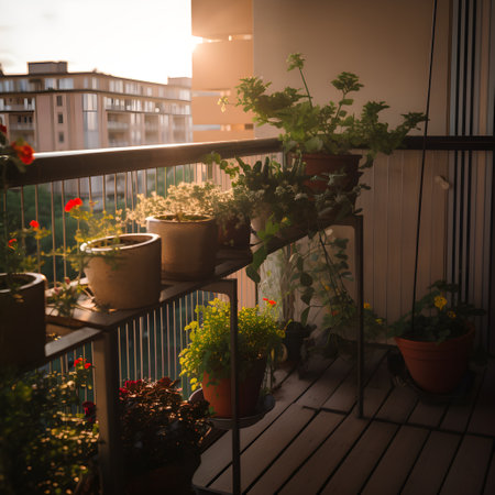 Flower pots on the balcony of a house at sunset. Home decoration, ai generatedの素材