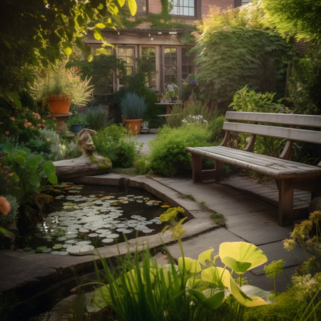 Beautiful garden with a bench in the evening light, with a pond and flowers, ai generatedの素材