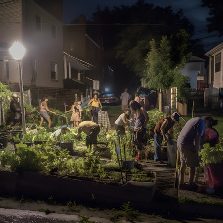 Group of people planting vegetables in the garden at night. Selective focus., ai generatedの素材