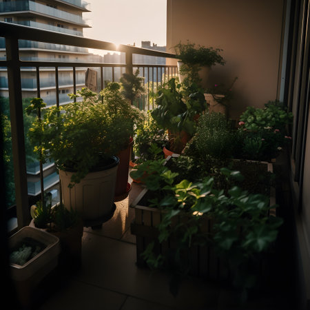 Flowers in pots on the balcony at sunset. Home decor., ai generatedの素材