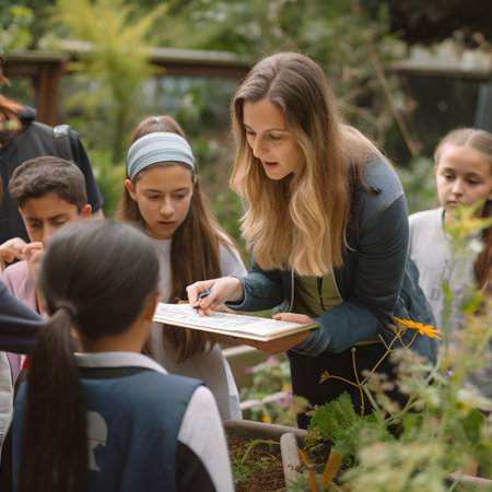 Group of children and teacher working together in the garden. Education concept, ai generatedの素材