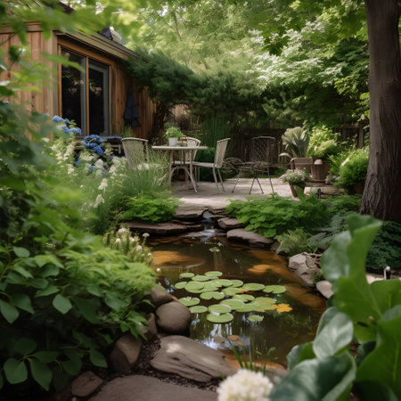 Beautiful garden with a pond and a table in the backyard., ai generatedの素材
